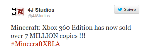 7 millions ventes Minecraft Xbox 360 Edition tweet 4J Studios